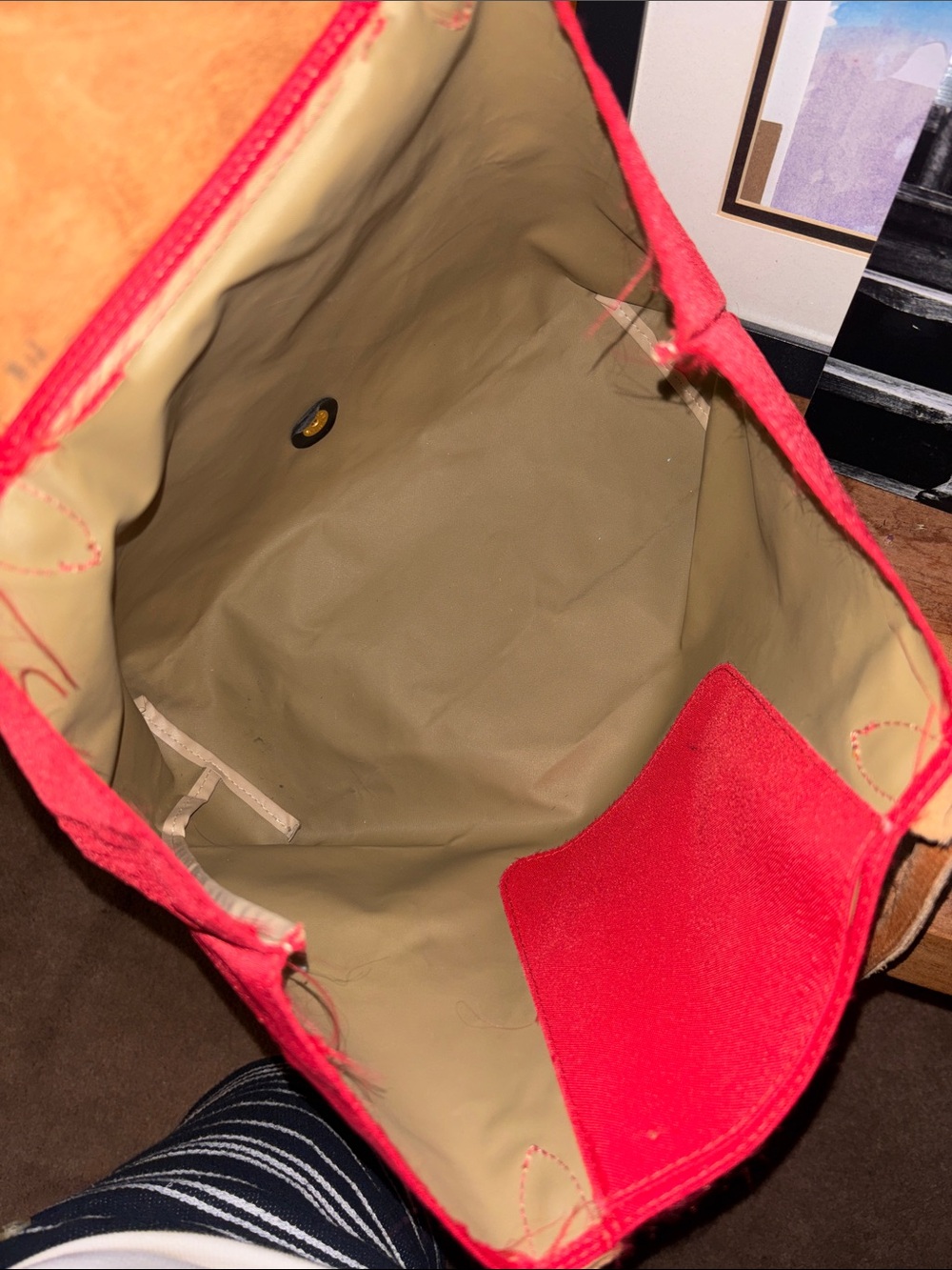 Red Longchamp Nylon Tote Bag with Brown Leather Trim - Picture 10 of 13